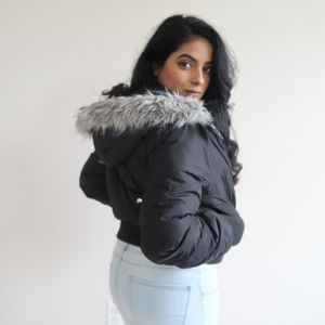 Boohoo Black Faux Fur Hood Crop Puffer Jacket Lyst